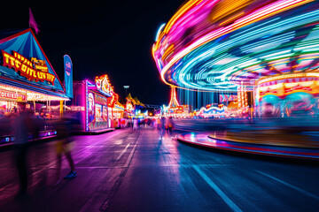 Defocused motion blur merry-go-round, blurry state fair at night background overlay - obrazy, fototapety, plakaty