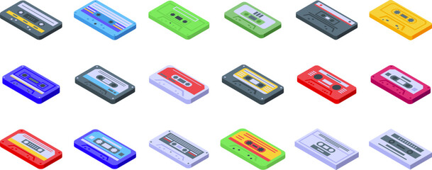 Stereo cassettes icons set isometric vector. Tape music. Audio old school