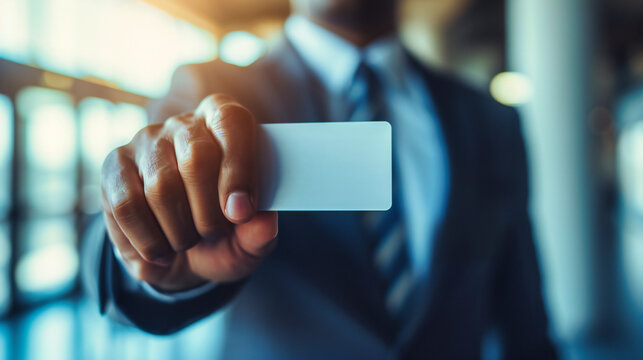 Professional Businessman Holding a Blank White Business Card for Advertisement - Powered by Adobe