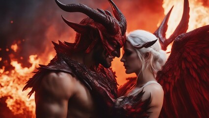 portrait of a woman A winged angel and a horned demon embrace each other in front of a fiery background.   - obrazy, fototapety, plakaty