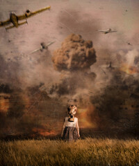A little girl wearing a gas mask standing in a grassland in a warzone, burning city and explosion...
