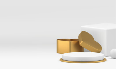 White 3d podium pedestal with golden heart gift box luxury product presentation vector background
