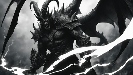black and white dragon demon devil, A mysterious devil demon stranger, who has a dark past that haunts him  - obrazy, fototapety, plakaty