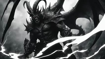 Fotobehang black and white dragon demon devil, A mysterious devil demon stranger, who has a dark past that haunts him  © Jared