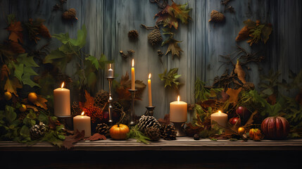 A festive image with leaves forming a rich and textured background, setting the scene for a holiday table adorned with candles and seasonal decor