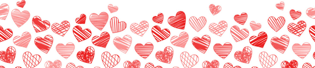 Red hand drawn heart banner for valentine day greeting card or border, seamless repeating pattern design