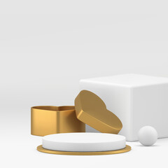 Luxury white 3d podium pedestal with golden heart gift box for product show vector background