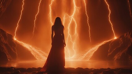 sunset in the mountains highly intricately photograph of Horror scene of a scary devil demon woman inside a waterfall of orange lightning - obrazy, fototapety, plakaty