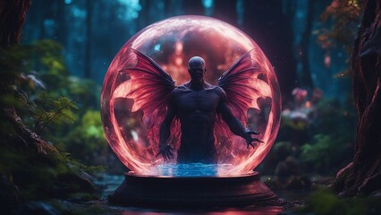 highly intricately Digital Painting of a winged Evil Vampire Demon  inside a lightning glass ball