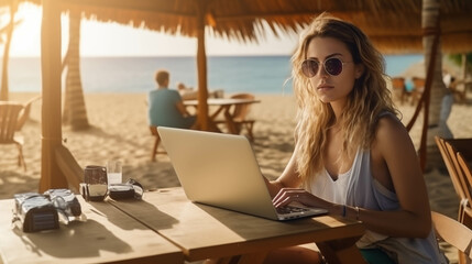 Caucasian woman working with laptop on beach.
