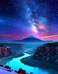 hills mountains river nature in aura sky night 
