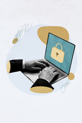 Vertical collage image of black white effect arms typing laptop keyboard lock screen isolated on drawing background