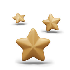 Collection of golden 3D stars on white background. Realistic models in various positions