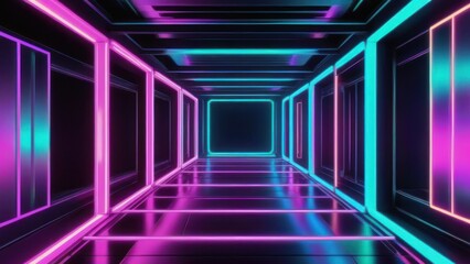 abstract illustration of geometric shapes and structures in colorful neon colors and lights in cyberspace against dark background.  generative, ai.