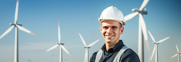 Young Caucasian engineer looking at camera with confidence, wind turbine background - obrazy, fototapety, plakaty