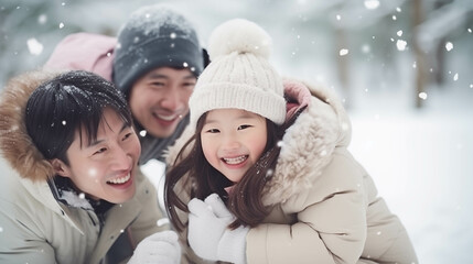Fototapeta premium Asian family wearing coats playing in the snow.