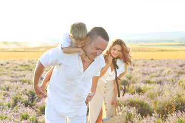 Fototapeta na wymiar Mother, father and their little son are walking in a lavender field