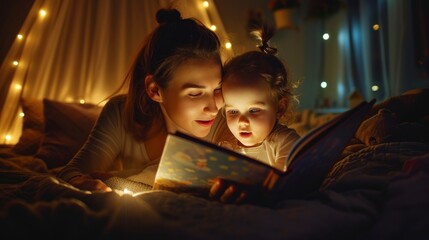Beautiful mother telling a story to a girl to sleep in a room at night with bokeh lights in high resolution and quality. family concept, sleeping, stories