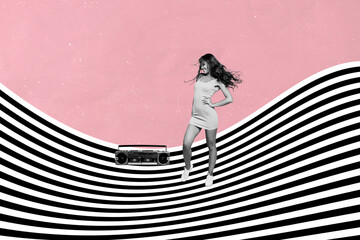 Composite collage image of black white effect excited girl enjoy dancing boombox music isolated on...