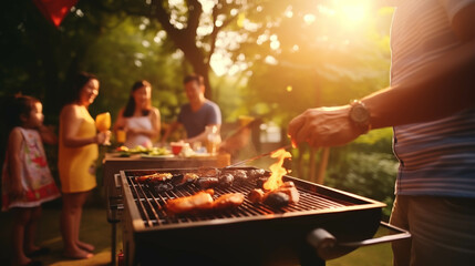 Closeup of a group of people having a barbecue outside.