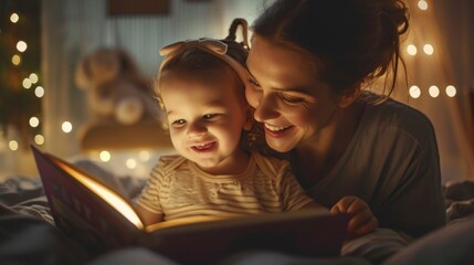 Beautiful mother telling a story to a girl to sleep in a room at night with bokeh lights in high resolution and quality. family concept, sleep, bedtime stories - obrazy, fototapety, plakaty