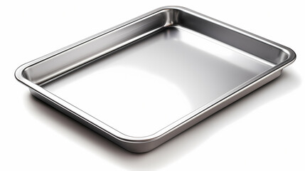 Shiny Polished Stainless Steel Baking Tray, Rectangular Oven-Safe Cookware, Isolated on White for Culinary Presentation