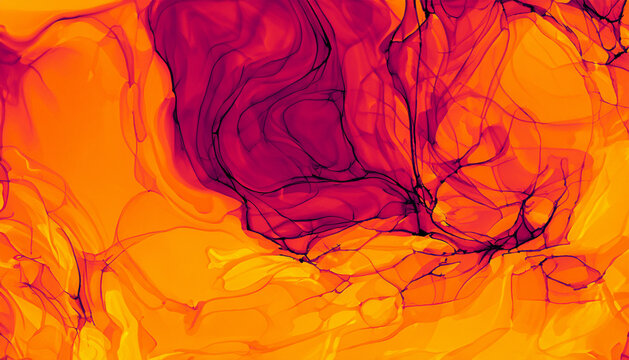 Marble Abstract Pattern. Fluid Splash Yellow Holi Abstract Red Fire on blak background