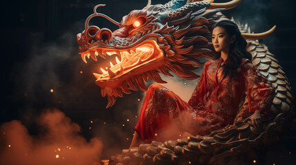 A Chinese woman wearing a cheongsam sits on the back of a dragon.