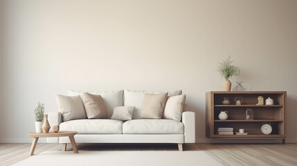 A white-toned living room with a sofa and plants.
