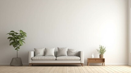 Fototapeta na wymiar A white-toned living room with a sofa and plants.