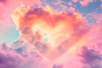 Celebrate Valentine Day with a vibrant, multicolored heart nestled in the clouds, creating an abstract pink backdrop
