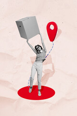 Vertical collage image of black white effect excited girl arms hold delivery box destination geolocation isolated on paper background