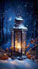 Glowing Lantern in Moonlit Winter Night