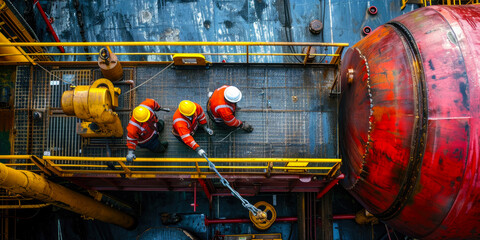 Oil and gas industry workers, oil rig, maintenance and service in hazardous areas. Top view