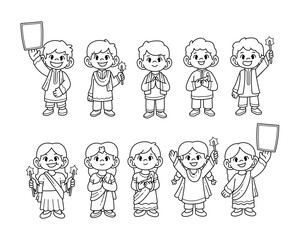 Boys and girls wearing a costume Diwali outline sketch vector illustration set