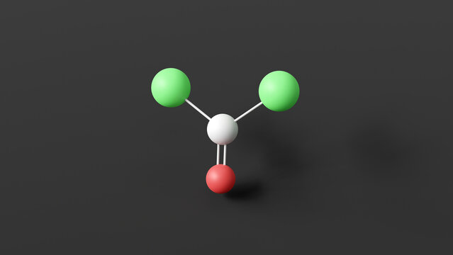 phosgene molecular structure, colorless gas, ball and stick 3d model, structural chemical formula with colored atoms