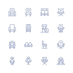 Chair line icon set on transparent background with editable stroke. Containing recliner, armchair, throne, barber, babychair, beachchair, chair, gamingchair, woodenchair, rockingchair, directorchair.
