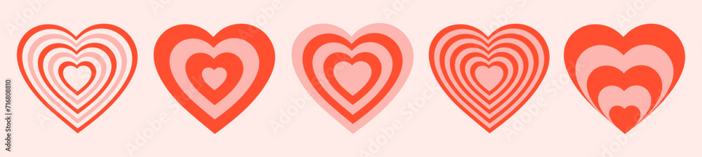 Poster vector set tunnel romantic hearts in pink and red colors. retro background in groovy style 90s, 00s.