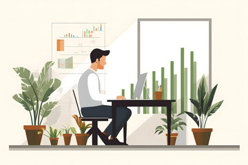 Flat design of office worker satisfied with stock market growth.