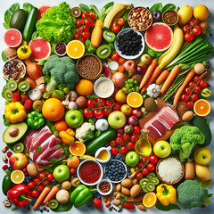 vibrant display of various fresh foods including fruits, vegetables, meats, and other items. It seems to represent a balanced diet