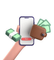3d rendering of smartphone with hand, 3D pastel business finance icon set.