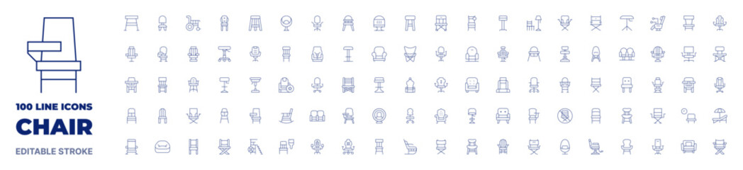 100 icons Chair collection. Thin line icon. Editable stroke. Chair icons for web and mobile app. - obrazy, fototapety, plakaty
