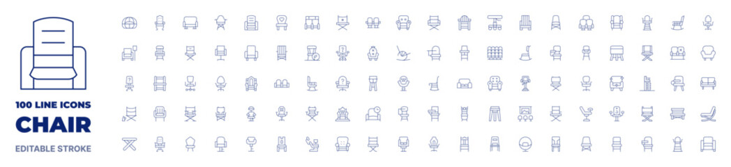100 icons Chair collection. Thin line icon. Editable stroke. Chair icons for web and mobile app.
