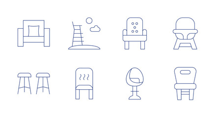 Chair icons. Editable stroke. Containing armchair, stool, lifeguardchair, chair, swivelchair, highchair.