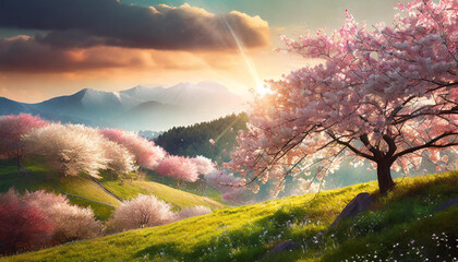 paysage de nature à la campagne avec cerisier en fleur, pré et soleil, dans l'esprit des jardin zen japonais - obrazy, fototapety, plakaty