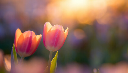 A vibrant tulips bask in the soft glow of sunset, their petals a blend of orange and pink hues, amidst a soft-focus garden. Ideal for spring themes, conveying renewal and beauty.