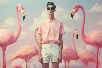 Gardinen Young boy wearing white shorts posing with flamingo birds © Androlia
