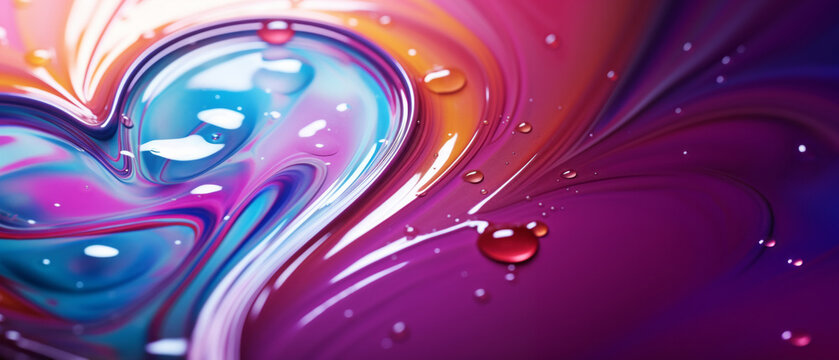 Abstract bright background made of colorful glossy paint. Liquid heart shaped texture with copy space. Valentine's day concept.