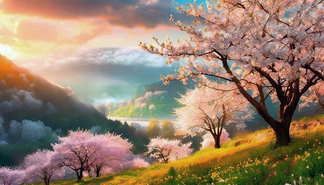 cerisier en fleur &agrave; la campagne, prairie et coucher de soleil, paysage asiatique