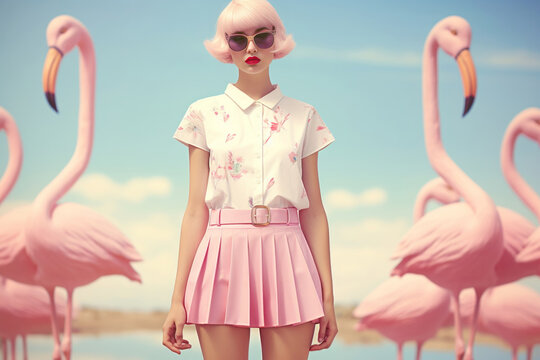 Pretty girl in pink skirt posing with flamingo birds